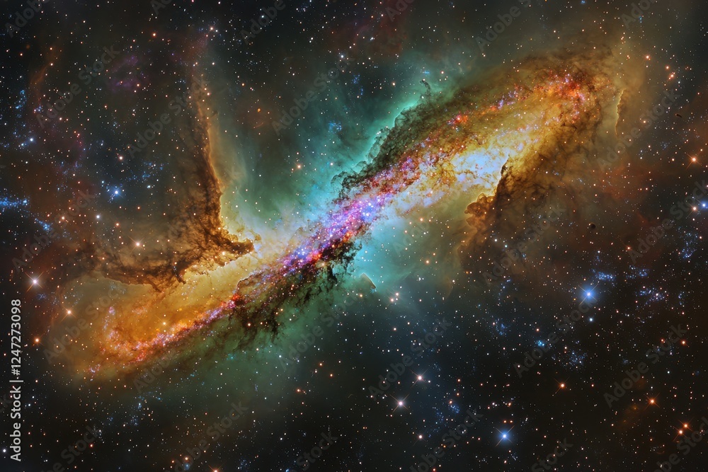 Poster colliding galaxies create stunning cosmic display with vibrant colors and intricate patterns in deep