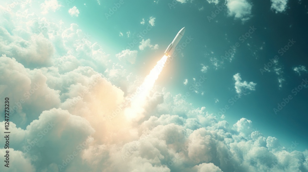 Poster start up concept with rocket going upward in abstract light blue cloudy sky. 3d rendering