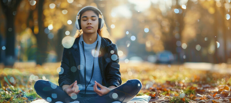 Tranquil Meditation App Concept with Young Woman in Park and Tech Overlays