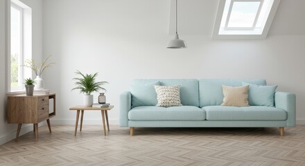 A Scandinavian style living room with a pale blue sofa and wooden legs adorned with textured throw pillows