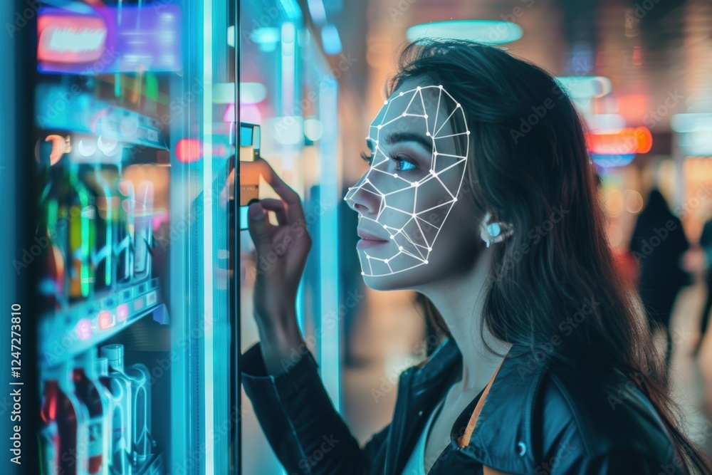 Poster secure payment technology: facial recognition at a futuristic vending machine