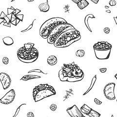 Hand drawn Mexican dishes and products seamless pattern. Simple design of Mexican cuisine for textile, fabric, wrapping paper