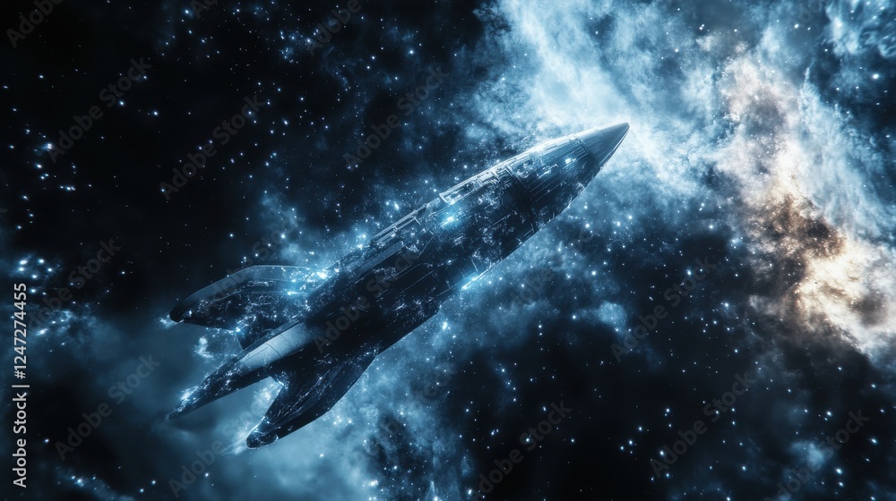 Poster startup and business goal concept with digital rocket illustration flying in space. 3d rendering