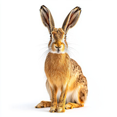 Obraz premium Alert brown hare sitting upright with tall ears, facing forward against a stark white background.