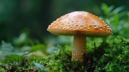 A vibrant red mushroom in the wild with fuzzy cap. The mushroom is growing on a moist, lush forest floor. Great for nature enthusiasts and photographers.
