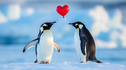 Two cute penguins with a heart-shaped balloon, symbolizing love in a serene icy landscape.