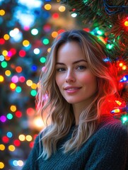 Woman posing next to lit Christmas tree with lights