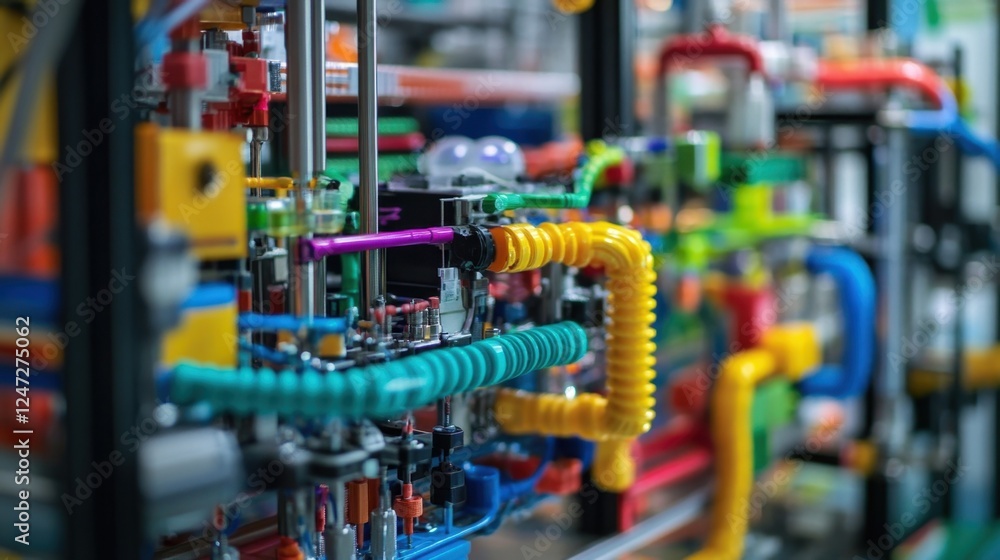 Poster intricate network of colorful plastic pipes and tubes showcasing complex connections and potential f