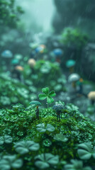 four-leaf clovers moss mushrooms foggy forest dreamy fantasy macro photography soft light
