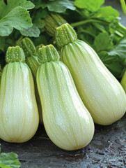Freshly harvested pale green zucchini squash, displaying their ribbed texture and vibrant green stems with leafy background.