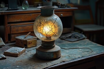 Cracked oil lamp on a worn-out desk illuminated softly in a rustic workspace