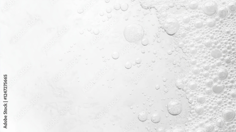 Poster sparkling bubbles clustering, creating foamy texture against pristine white surface. vibrant efferve