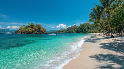 Fototapeta premium Soft white sands stretch along the sparkling turquoise waters, where gentle waves meet the shore under a bright blue sky. Lush greenery frames the scene, evoking tranquility and escape