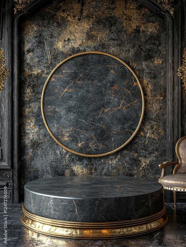 Poster elegant podium in dark angular setting with gold highlights and glow effects