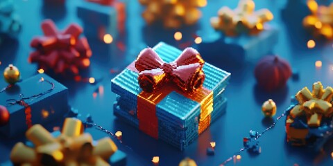 3D pixel digital representation of a Christmas gift box. Modern and minimalistic, this festive item would be great for holiday decoration or a unique gaming accessory.