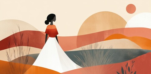 Woman in White Dress Stands in Abstract Landscape