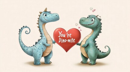 Naklejka premium Two cartoon dinosaurs hold a heart, expressing love with the text 'You're Dino-mite!'