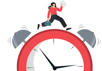Business woman running late for work, stressed woman rushing to meeting woman with briefcase running against the clock, time management concept