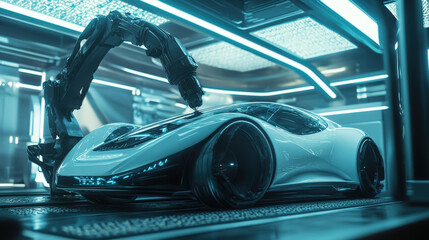 Fototapeta premium Futuristic AI-Powered Supercar in an Automated Factory
