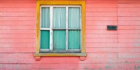 A window with a green trim sits in front of a pink wall. The window is open, and the curtains are drawn. The scene has a peaceful and calming mood, as the window lets in natural light