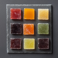 A minimalist arrangement of fruit jellies in a square grid on a dark slate plate. The candies include shades of red, orange, yellow, green, and dark purple, with a sugar-coated texture