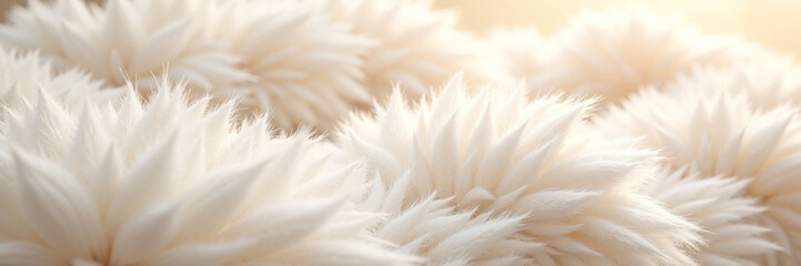 Fluffy white faux fur close-up in warm sunlight
