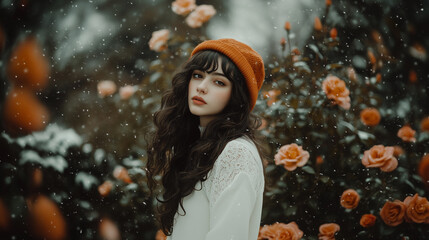 beauty young woman in a park with snow and flowers
