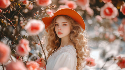 beauty young woman in a park with snow and flowers