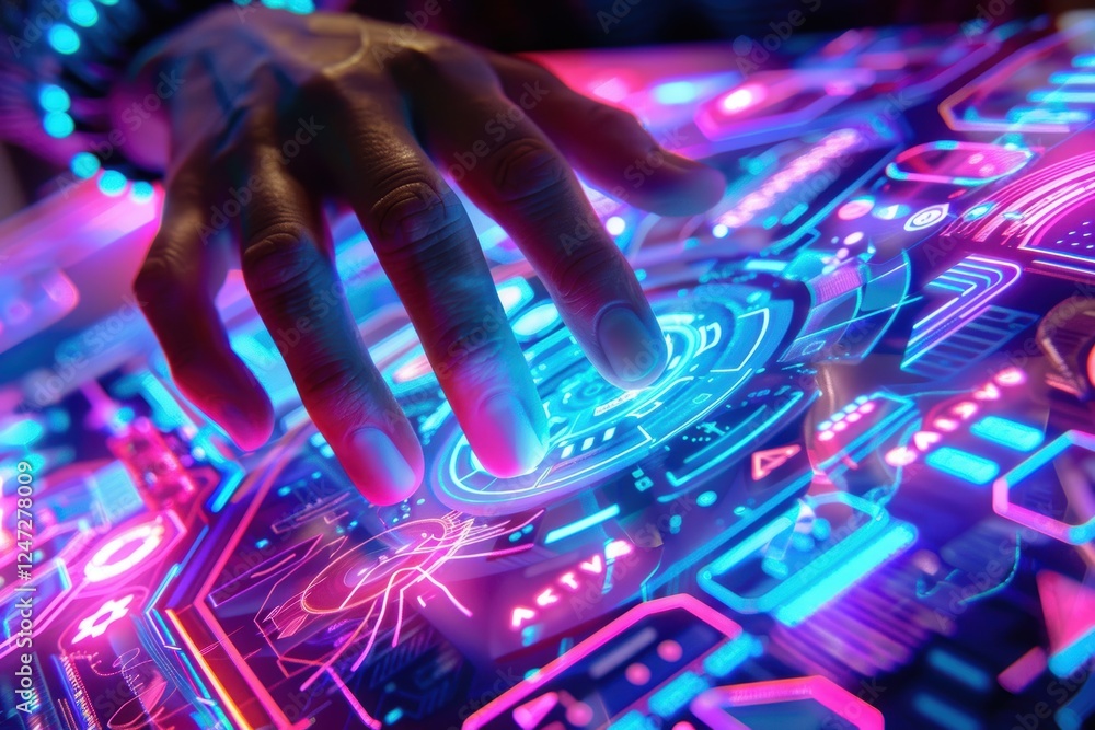 Poster futuristic holographic payment system interface with vibrant lights and interactive elements