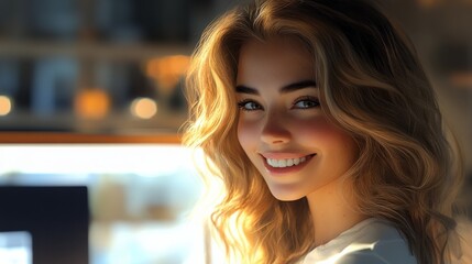 Fototapeta premium woman with wavy hair, white skin, beautiful smile generative ai