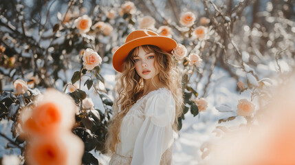beauty young woman in a park with snow and flowers