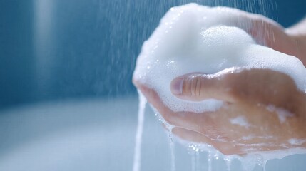 Fototapeta premium Hands washing with foamy soap under flowing water, capturing thorough cleansing process and personal hygiene in soft, calming bathroom environment