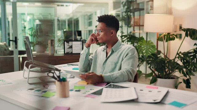 Laptop, thinking and man in office with research on data analytics, stats or development report. Planning, consultant or business intelligence analyst with online notes, documents and ideas on tablet