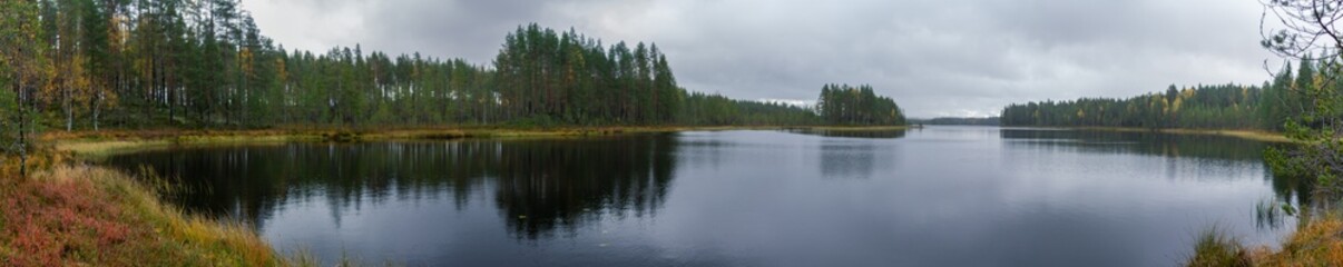 Obraz premium Panoramic View of Tranquil Autumn Lake Surrounded by Dense Forest Under Overcast Sky