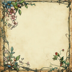 vintage floral frame with intricate designs and soft colors, perfect for invitations or decorative purposes. delicate flowers and leaves create charming border