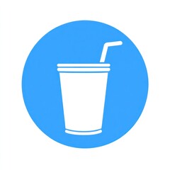 Drink in blue circle. Beverage with straw for advertising or as icon