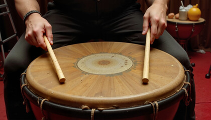 Dynamic drumming performance with large festival drum, musical celebration