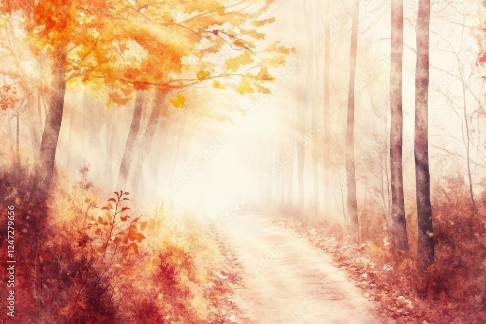 Fototapete Autumnal forest path illuminated by soft fog at dawn with vibrant leaves cascading around. Generative AI