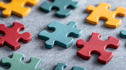 Obraz premium Colorful Puzzle Pieces on a Gray Surface Interconnected to Form a Unique Design