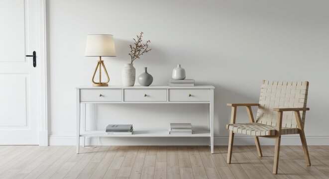 A minimalist living room featuring a sleek white console table with a simple elegant table lamp and decorative ceramic vases