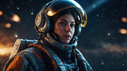 Portrait of a space explorer in full gear, set against a cosmic backdrop. Determined expression, ready for adventure.