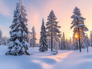 Sunset in a snow-covered forest with pine trees. The sunlight creates a magical effect on the ice and snow.