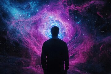 Silhouetted figure standing before a vibrant cosmic vortex in deep space.