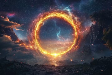 Obraz premium Fiery glowing portal in a mystical landscape under a stormy sky.