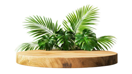 Tropical plant display on wooden base studio background nature concept isolated on transparent background