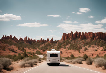 red sunny usa summer pinnacles visible hoodoos rv road trees canyon background surrounded country tarred travels white ut rock day pine recreational vehicles american van america us driving