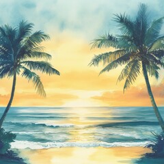 Serene watercolor illustration of a tropical beach at sunset with palm trees and gentle ocean waves. Generative AI