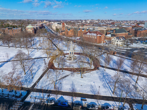 Cambridge Common and Old Harvard Yard aerial view in winter including Memorial Hall, Memorial Church, Widener Library and University Hall in historic center of Cambridge, Massachusetts MA, USA. 
