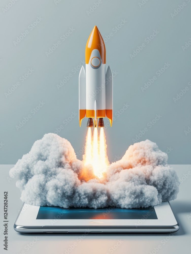 Poster start up concept with abstract rocket launching from tablet screen on light grey background. 3d rend