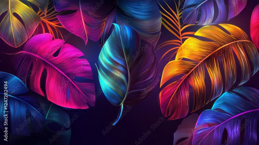 Poster experience the captivating allure of tropical leaves displayed in vivid neon hues against an enchant